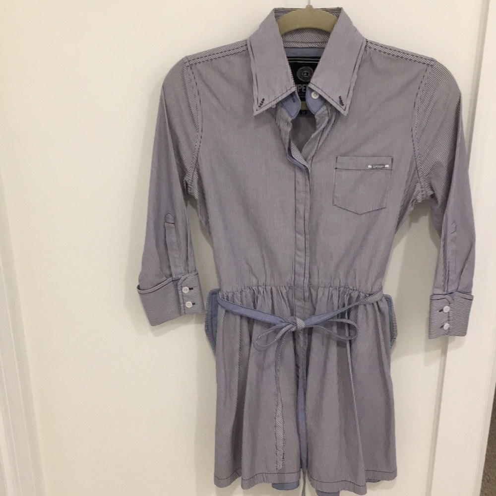 Dress: navy and white stripes, pockets, flare